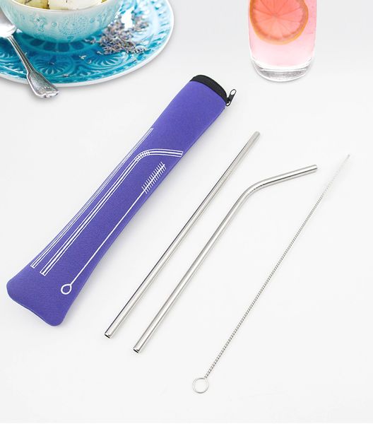 

2019 new 4 pcs set reusable drinking metal straw stainless steel color straw with 1 cleaner brush for home party barware with and lovely bag