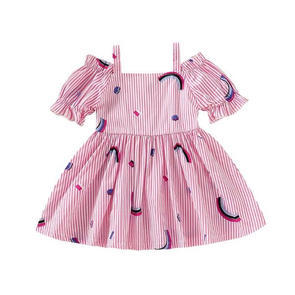

girl's dresses summer girls dress clothes toddler kids off shoulder striped rainbow print children casual sling disfraz #lr3, Red;yellow