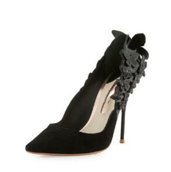 

fashion women butterfly appliques high heels black pink pointed toe pumps wedding party shoe women