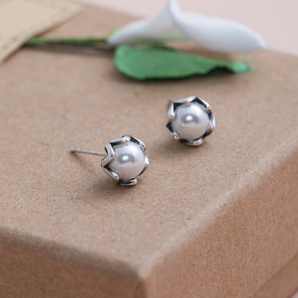 

simple petals earring natural freshwater pearl luscious sen female student stud jewelry, Golden;silver