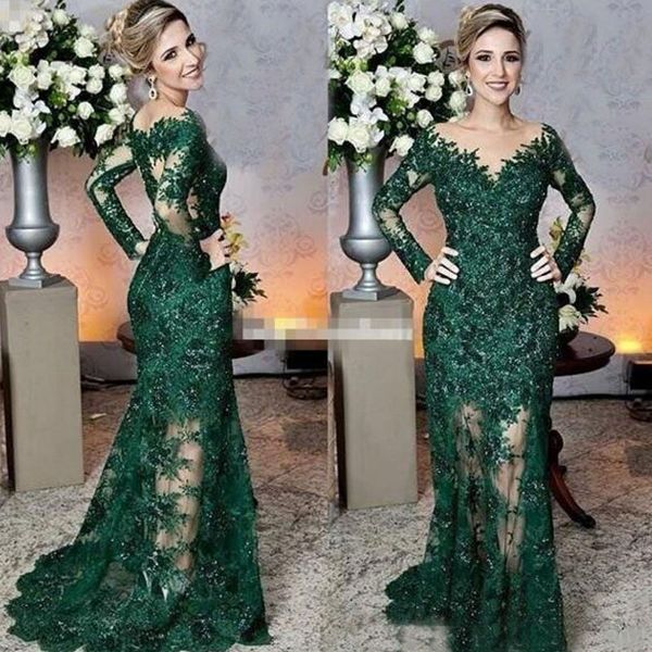 

luxury dark green lace mermaid mother of the bride dress sheer bateau neck illusion long sleeves formal dresses evening party gowns, Black;red