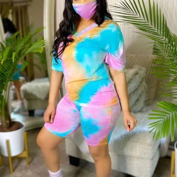 

new women summer print 3 pieces sets tracksuits short sleeve t-shirt shorts masks 3 pcs suit night fitness sporty outfits, White