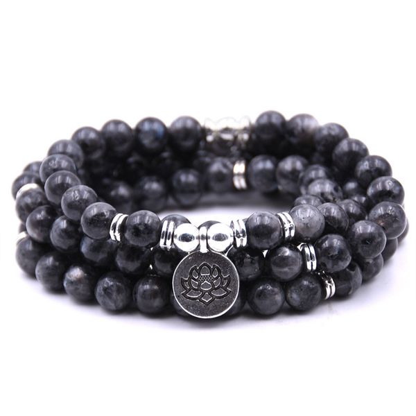 

beaded, strands diezi fashion 108 mala labradorite with lotus om buddha charm yoga bracelet necklace natural stone jewelry drop, Black