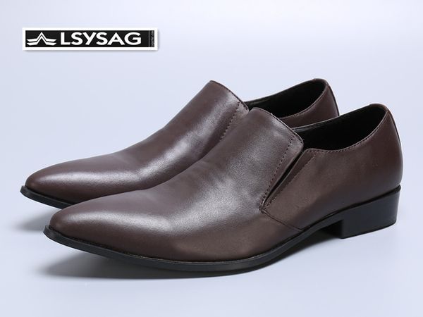 

classic men genuine leather shoes plus size pointed toe business shoes office formal slip on brogue brown, Black