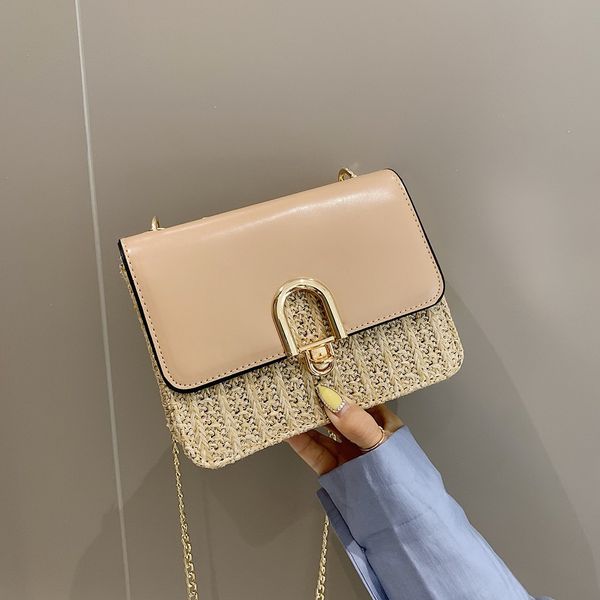 

women hand-held wild straw bag fashion chain shoulder small square bag vintage straw handbag for women ladies summer woven