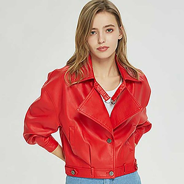 

women faux leather jacket batwing sleeve vintage biker coat short zipper motor pu red jacket spring street leather coat, Black