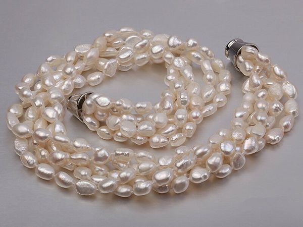 

new baroque pearl necklace, 5 strands of 6 - 7 mm white freshwater pearl necklace 18, Silver