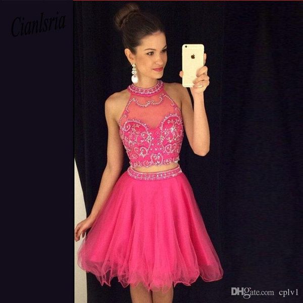 

фуксия 2019 элегантные коктейльные платья a-line холтер органзы из бисера две части партии плюс размер платья возвращения на родину, Black