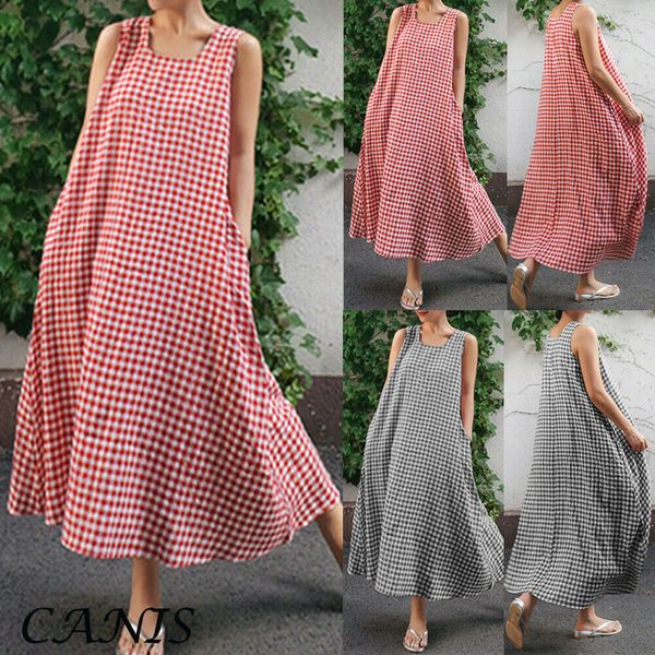 

лето пляжная одежда 2019 милые женщины праздник майка с длинным платьем дамы винтаж плед макси свободное солнце платье плюс размер xxl, Black;gray