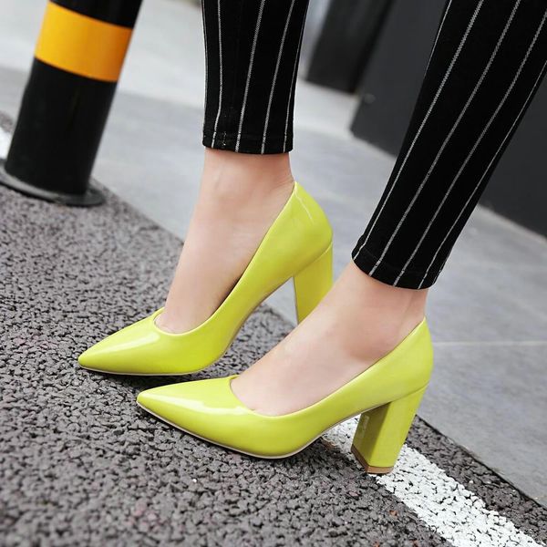 

yellow high heels patent leather pumps women shoes pointed toe block heel shoes ladies party dress black white nude red heels