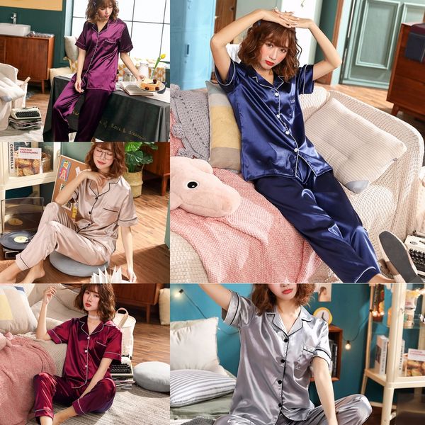 

qbwp2 women's imitation silk short-sleeved trousers two-piece suit summer outdoor simulation pajamas trousers pajamas wear home clothe, Blue;red