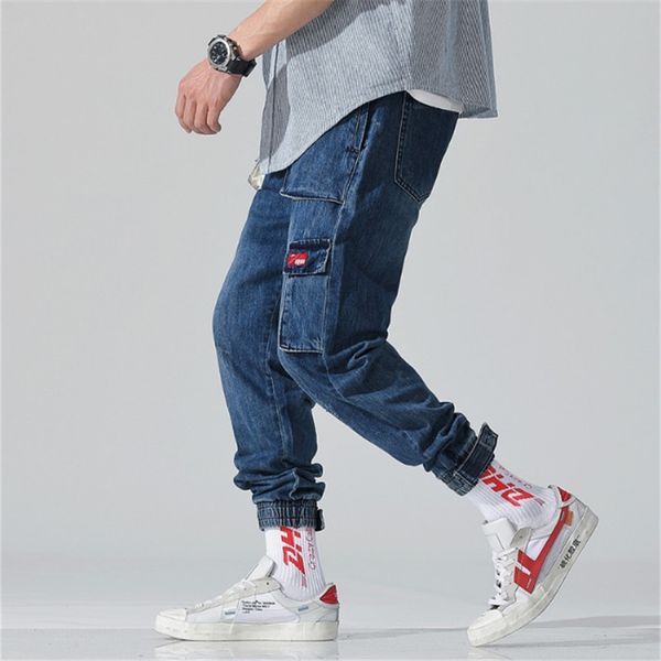 

male jeans spring and summer style of overalls nine-cent casual pants hip hop loose nine pantsmulti-pocket pants, Blue
