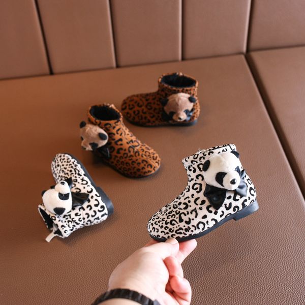 

winter girls casual boots cartoon leopard print princess cotton boots 1-3 years old children' shoes kids fur, Black;grey