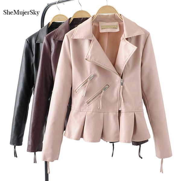 

shemujersky women faux leather coat 2019 autumn winter fashion women jacket perfecto femme jaqueta feminina, Black