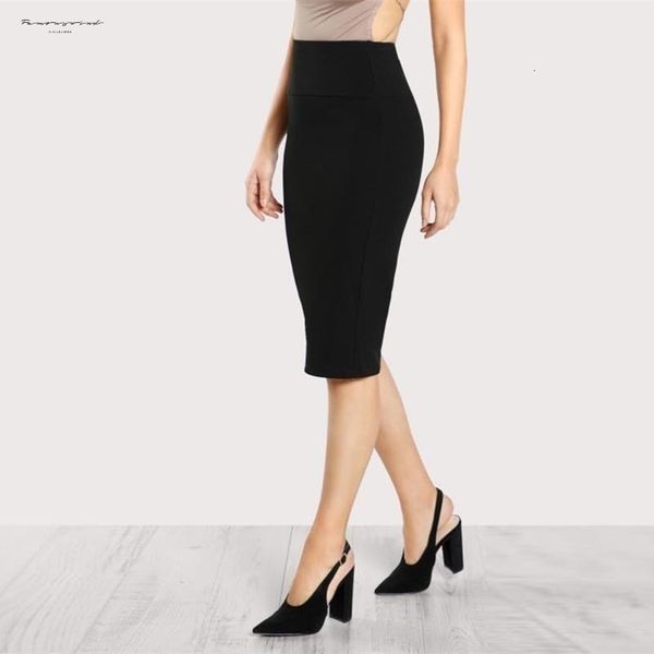 

office skirt ladies black skirt mid elastic waist knee length plain women work elegant autumn pencil skirt