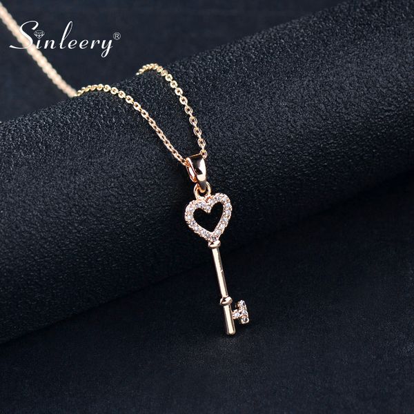 

sinleery sweet micro pave crystal heart key pendant necklace for women wedding jewelry yellow gold color xl065 ssa, Silver