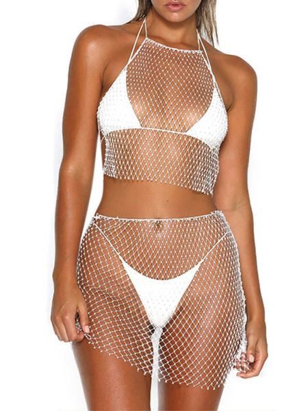 

b 2019 diamonds mesh grid women short sleeve mesh camisole bikini see through rhinestone net party club vest, White