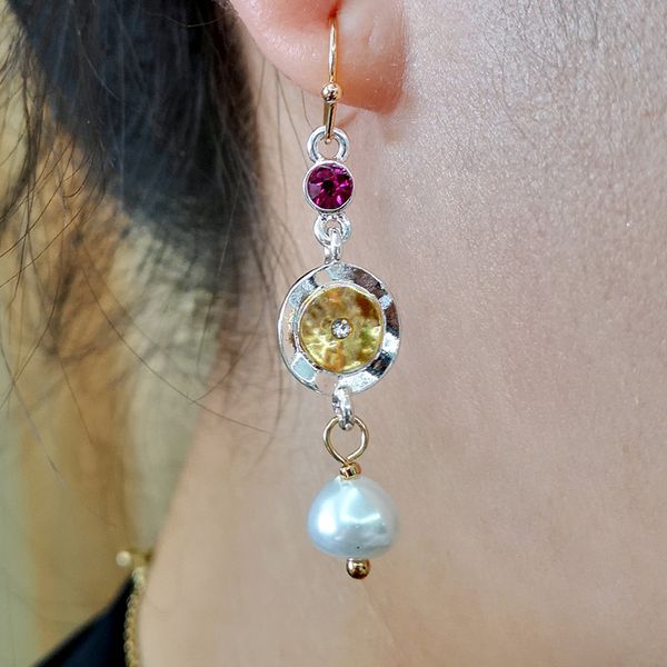

fashion gold disc purple crystal zircon drop earrings for women geometric freshwater pearl dangle earring wedding jewelry gift, Silver