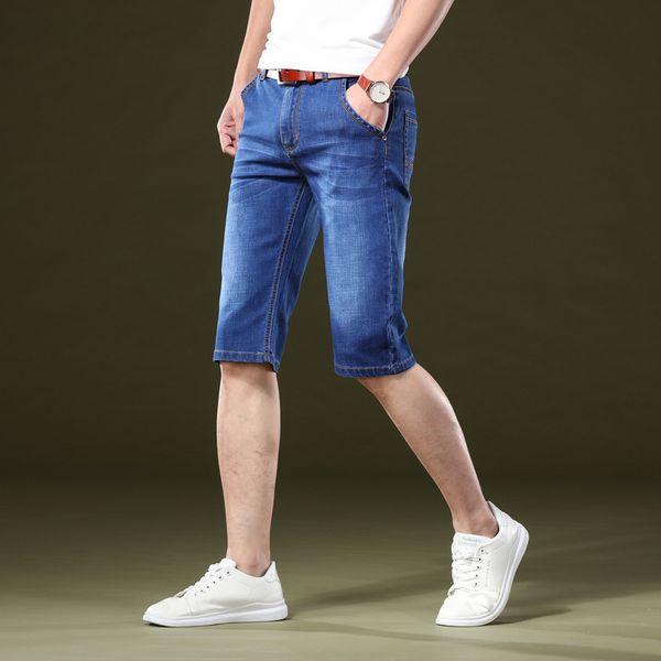 

god-shorts men's trend elasticity jeans summer thin section does not fade jeans men's 5 shorts quality, Blue