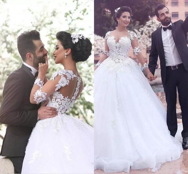 

charming ball gown wedding dresses sweetheart neckline sheer bodice with lace applique white long sleeves brides dresses vestido de noviac