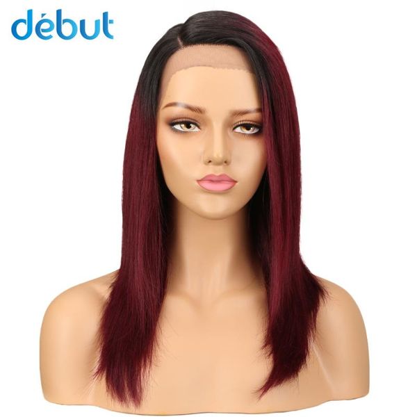 

debut remy brazilian lace front human hair wigs silky straight1b/99j ombre color human hair wigs left side lace closure, Black;brown