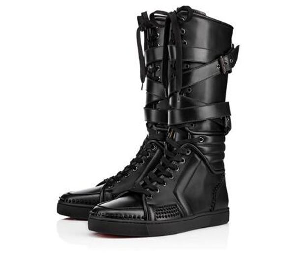 

new itemsmens black genuine leather sports boots cool man flat red bottom sporty dude flat zipper with nails,buckle knee boots for man35-46