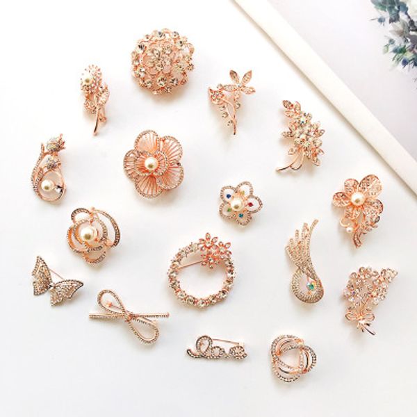 

small size classic round design rhinestone simulated pearl flower five-pointed star brooches for women pin jewelry accessories, Gray
