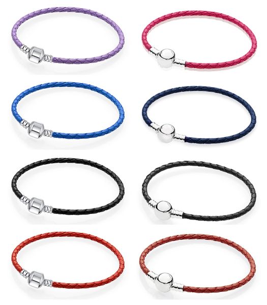 

authentic 925 sterling silver brand single braided leather bangle fit european original charms bracelets jewelry gift diy, Golden;silver