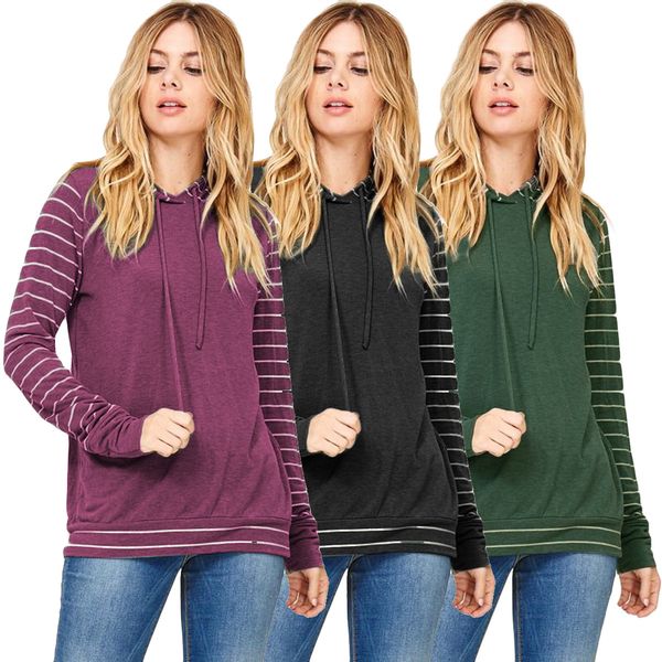 

women's dress sweater sports hooded striped long sleeves pullover, Black