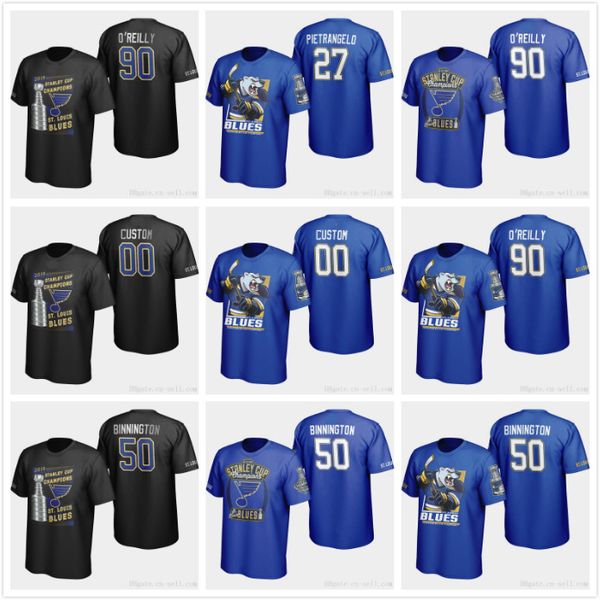 

men women youth st.louis blues 90 ryan o'reilly 50 binnington 27 alex pietrangelo blue black 2019 stanley cup champion mascot t-shirt