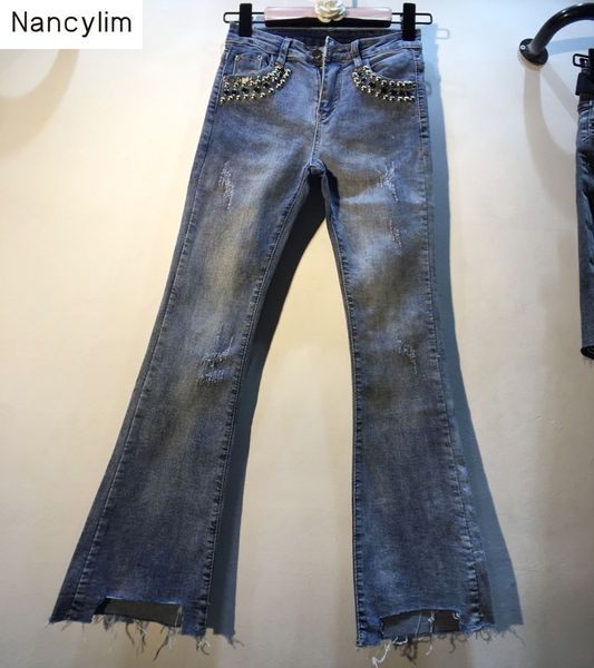 

2019 autumn blue jeans for women streetwear new heavy rivet high waist slim stretch nine-point micro flare jeans pants feminina