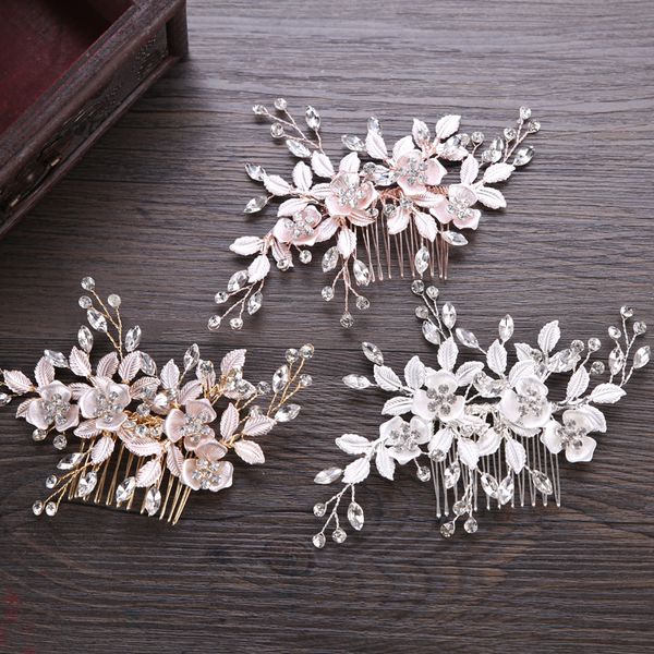 

trendy rose gold silver flower hair comb bridal hair accessories wedding headpiece ornaments bride jewelry handmade, Golden;white