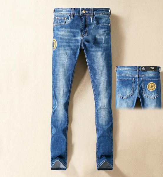 

medusa pants spring and summer embroidered jeans men's slim little feet trend young men's long pants men jeansmens designer jeans, Blue