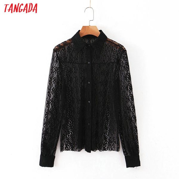 

tangada women stylish lace shirt see through long sleeve blouse female black blouse blusas mujer sl156, White