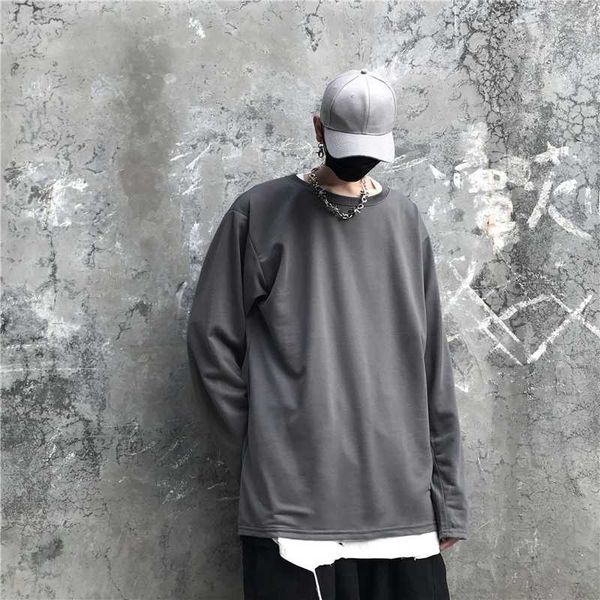 

men's t-shirts spring hip-hop t shirt fashion solid color casual fake two t-shirt men streetwear wild loose long-sleeved tshirt mens, White;black