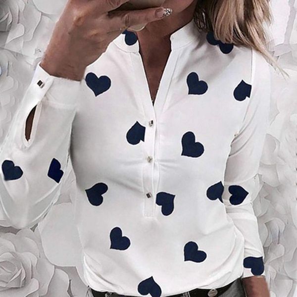 

deep v-neck casual heart print stand collar long sleeve haut femme poleras0001, White