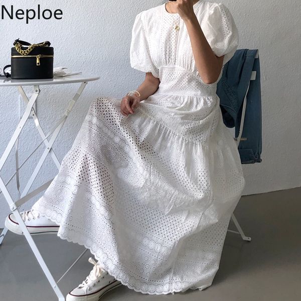 

neploe lace hollow out dress women korean chic o neck puff sleeve ladies vestidos summer 2020 elegant slim waist female dresses, Black;gray