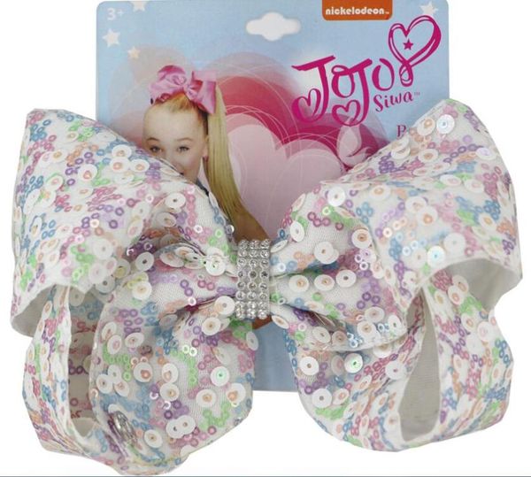

8 " large sequin bow hair clip for girl kids handmade bling jumbo rainbow knot hair bow hairpin accessories 8pcs, Slivery;white