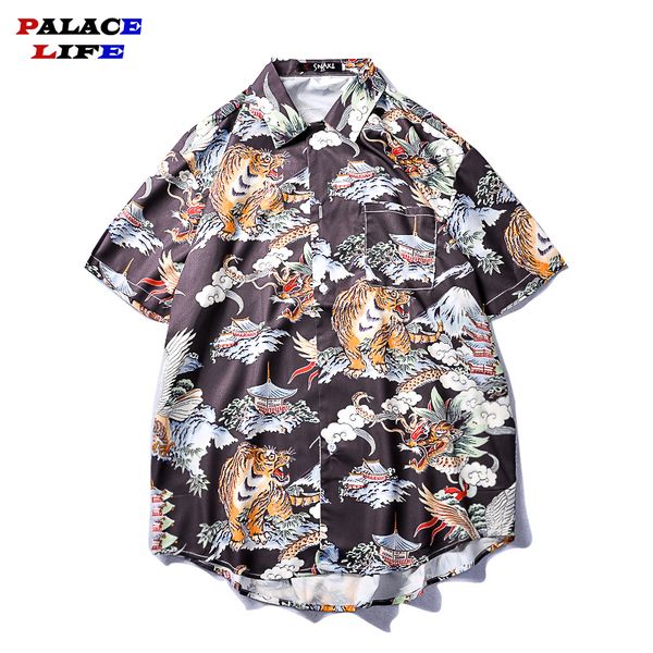 

укиё-э dragon tiger печать гавайских рубашках men casual алоха-бич тропический гавайи рубашки лето коротким рукавом кнопки вниз tops, White;black