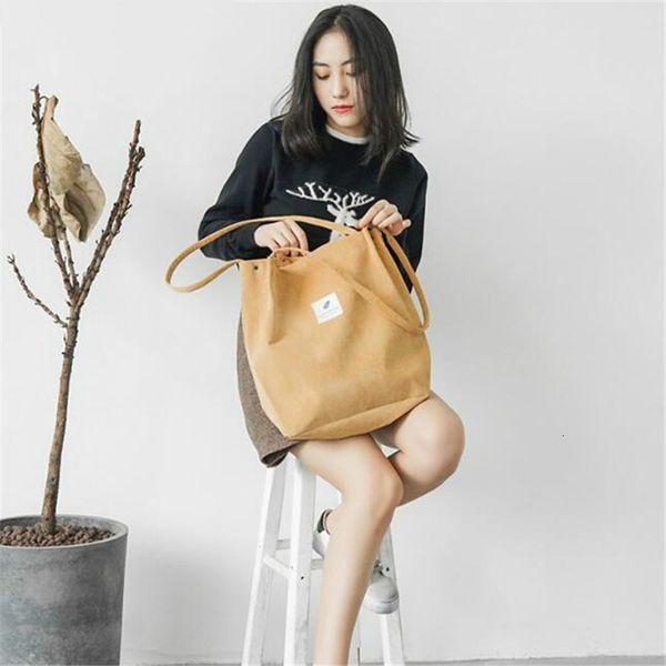 

high capacity women corduroy tote ladies casual solid color shoulder bag foldable reusable women shopping beach bag