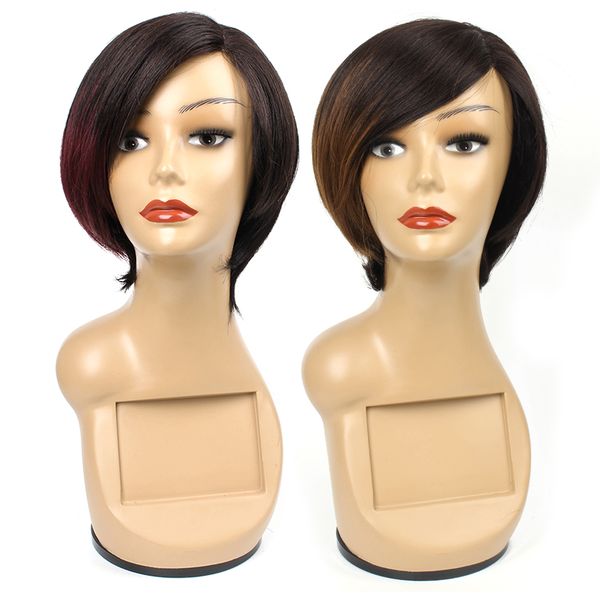 Short Pixie Lace Front Human Hair Wigs For Women Ombre Brown Color