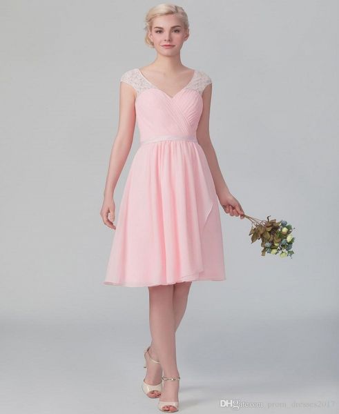 

custom made a-line cap sleeve chiffon short bridesmaid dresses knee length pink chiffon wedding reception dresses pleated, White;pink