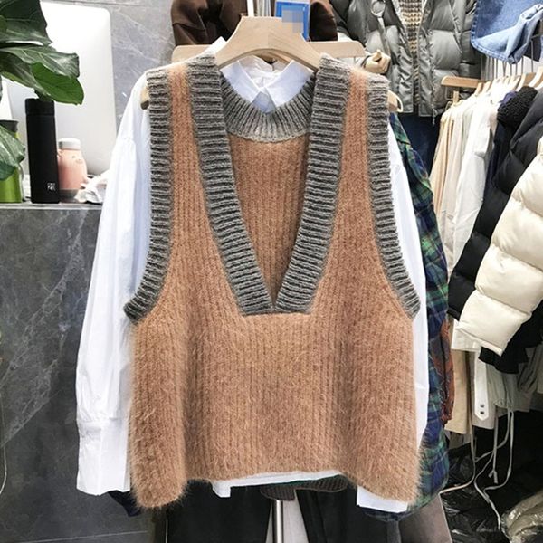 

new quality women sleeveless sweaters v neck fashion thick patchwork loose knitting vests, White;black