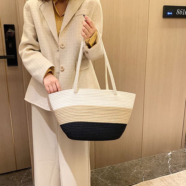 

women's summer beach large-capacity bucket bag handbag stripe cotton rope hit color boho retro female 2020 new tote