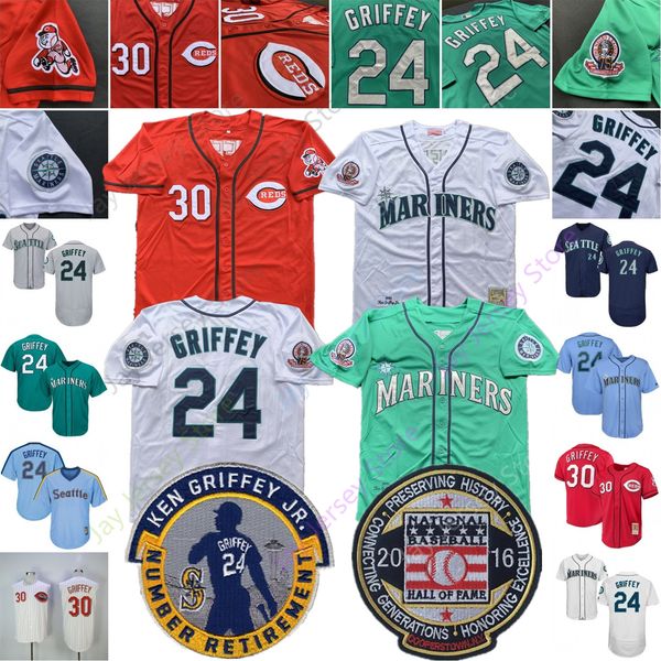 

Ken griffey jr jr jer ey 24 30 1995 1997 cooper town eattle cincinnati mariner red 2016 hof hall of fame patch, Blue;black