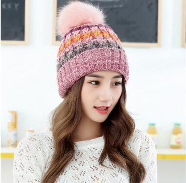 

korean version of the large wool ball mixed color knitting outdoor thick wool cap warm autumn winter lady hat factory direct