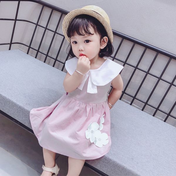 

cotton girl dress summer new baby girl sleeveless lapel dress flower sweet princess toddler vacation travel clothing, Red;yellow
