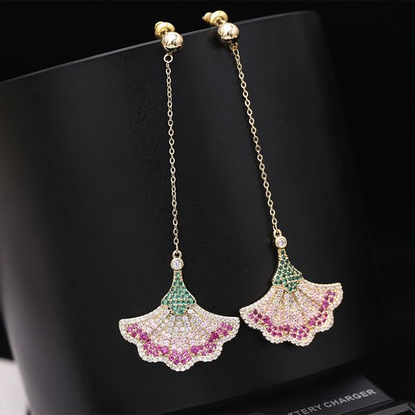 

wholesale-zirconia flower petal long pendant stud earrings for woman girls super glittering fashion luxury designer 925 silver post, Golden;silver