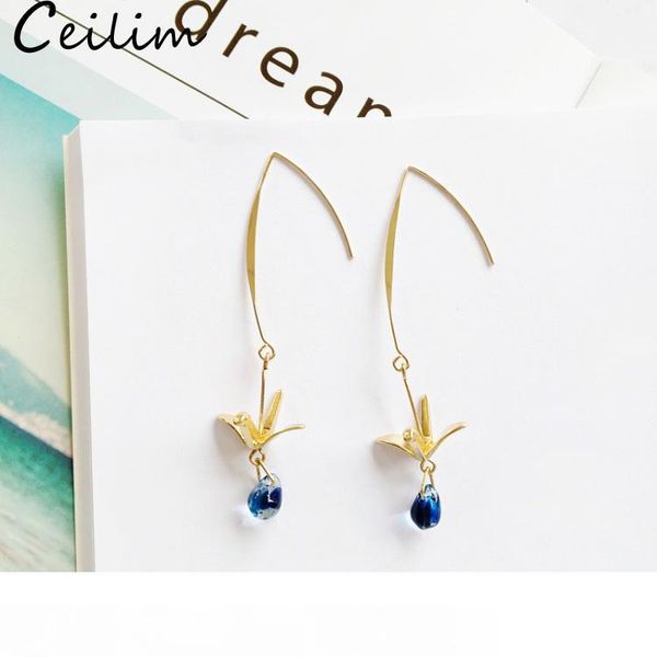 

handmade crystal earrings little bird blue water drop long dangle earring with paper crane charm 2019 korean fashion wholesale, Silver