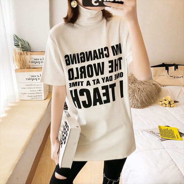 

season 2019 summer clothes white short-sleeved t-shirt female european goods half-high collar mid-length half-sleeve season 2019 summer clot